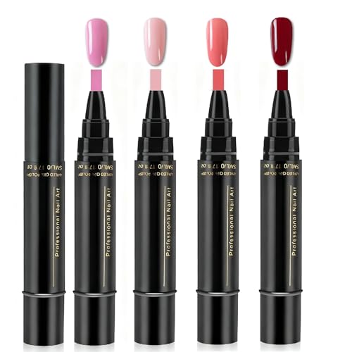 4Pcs Nail Polish Pens 3 In 1 Gel Nail Polish Pen Set Pink Red One Step Nail Varnish Pens Quick Dry Nails Art Polish Pen Easy Apply for DIY Nails at Home No Base Coat Needed UV Lamp Required