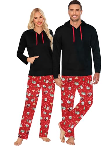 SWOMOG Couples Christmas Matching Pajamas Set Women & Men Long Sleeve Sleepwear Hooded Top Plaid Pants Pjs with Pockets