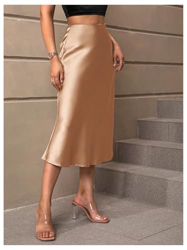 Verdusa Women's Satin Summer Skirts Elegant High Waisted Flared Hem Midi Skirt3