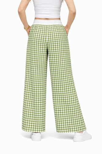 Image of Women's Cotton Wide Leg Palazzo Pants | Gingham Check Pattern with Drawstring | Elastic Waist | Casual Lounge Wear |