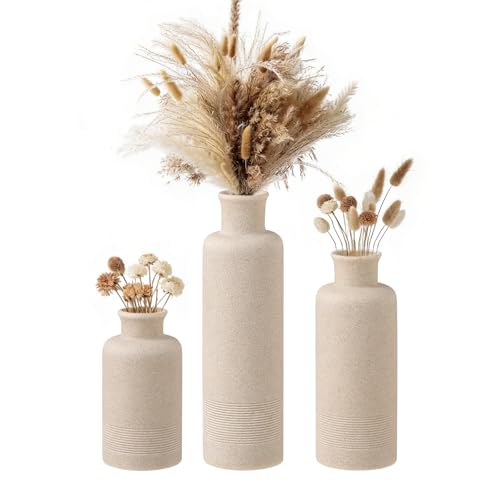 WUUAHOME Flower Vase Set, Stone Look, 3 PCS Small Decorative Bud Vases for Pampas Grass, Farmhouse Decor, Kitchen, Living Room, Bathroom, Bedroom, Office, Shelf Centerpiece Table Decoration (Beige)