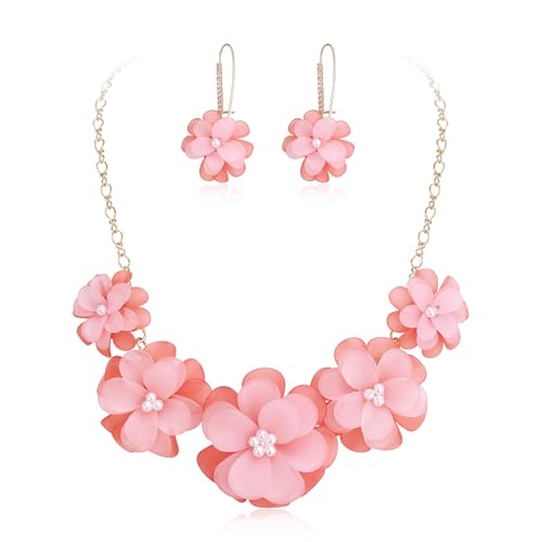 Flyonce Pale Pink Flower Statement Necklace Boho Summer Holiday Beach Jewelry Floral Flowers Collar Necklaces with Earrings for Women