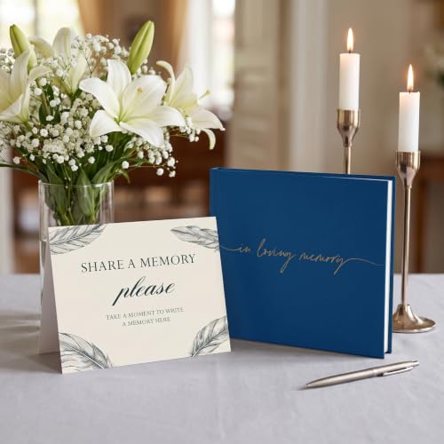 Image of Funeral Guest Book for Memorial Service, in Loving Memory 9x7.5 | 320 Entries, Table Sign Card Included, Gold Stamping, Twill-Textured Paper Cover, Celebration of Life Keepsake, Navy