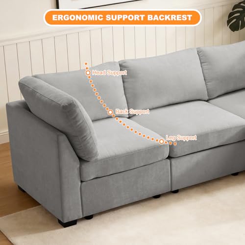 Image of TEKAMON 122 inch Modern Sofa Modular Sectional Couch, 4-Seat Chenille Deep Seat Sofa for Living Room, Bedroom and Apartment, Light Grey