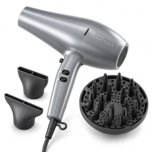 RAY BATTLER Sèche-cheveux avec diffuseur pour boucles, 2600 W, sèche-cheveux professionnel avec moteur AC, 3 niveaux de température, 2 niveaux de flux d'air, air froid, 2 buses de coiffage, câble de