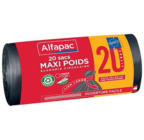 Alfapac 20 Sacs 20L Recyclés Maxi-Poids à Lien Large Noir Cover