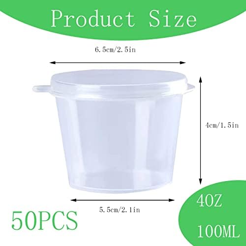 50 Pack Plastic Containers with Lids, 4oz Round Plastic Food Containers Lids, Sauce Pots, Small Plastic Pots for Takeaway Food, Dessert Cups, Sauce, Chutney, Ketchup