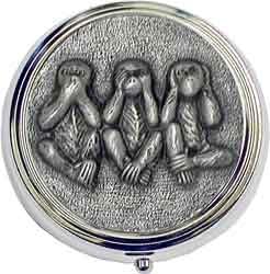 "Three Wise Monkeys" Silver Tone Round Pill Box