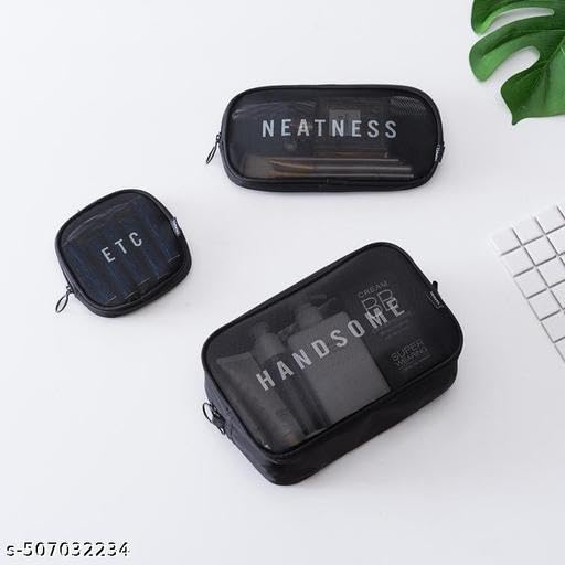 (ONLY POUCHES) Travel Nylon Mesh Makeup Bags Set 3 Pieces See Through Zipper Pouch Travel Cosmetic And Toiletry Kit Organizer Bag 3 Pack Of S M L 3-in-1-mkup-nvyblu-09-14 SB-P9291 4