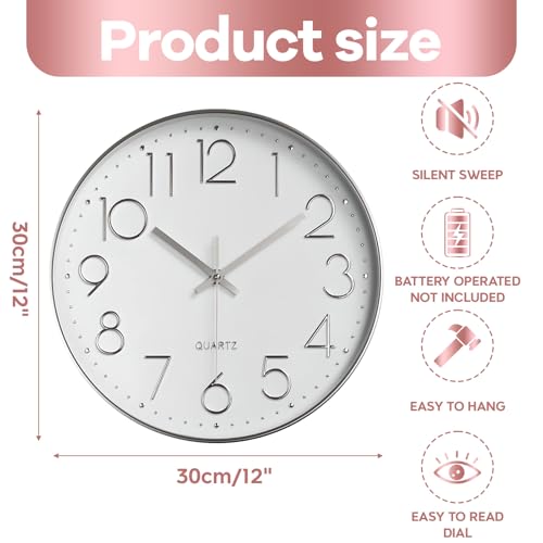 Delgeo Modern Silent Wall Clock 25-30cm, Minimalist Silver Clock for Living Room & Kitchen,Premium Wall Decor for Home Office - Image 3