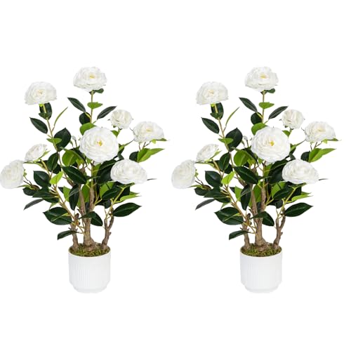 Jcezvnt 2 Pack Artificial Camellia Tree with White Pot, 24' Faux Potted Plants for Indoor Outdoor...