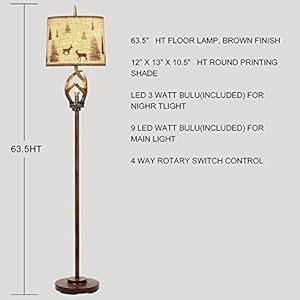 Scenekoy Rustic Farmhouse Antlers Floor Lamp with Nightlight Brown Finish Round Shade Lamps for Living Room Bedroom Office Study House