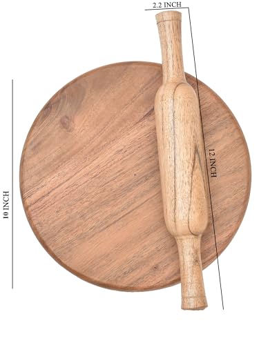 Image of Sanjeev Kapoor by OGGN Wooden Chakla Belan Set for Kitchen, Acacia Akand Wood Rolling Pin and Board, Roti Maker, Chapati Board, Natural Finish, Eco-Friendly, Durable & Easy to Clean, 10 Inch