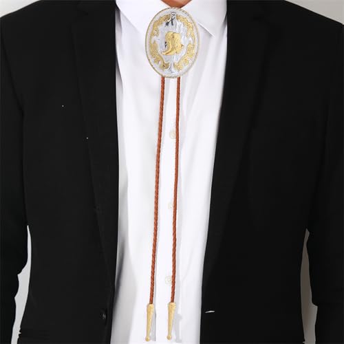 Image of GelConnie Brown Bolo Tie for Men Women Western Ties Mens Gold Bolo Tie Rodeo Cowboy Leather Necktie Cowgirl Tie Wedding