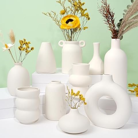 Small White Ceramic Vase Set of 10 Ceramic Bud Vases in bulk Modern Farmhouse Vase Boho Vases for Pampas Grass, Flowers, White Flower Vase Decorative Ceramic Vases for Home Decor, Entryway Table Decor Cover