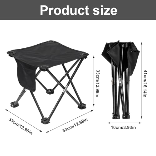 BTIUGYI Camping Hocker mit Seitentaschen 33CM, Tragbarer Klapphocker mit Aufbewahrungsbeutel, Fußhocker Outdoor, Leicht Sitz Falthocker für Wandern, Garten, Angeln, Grillen, Strand (Schwarz)