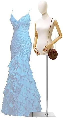 Adjustable Female Dress Form Mannequin Torso for Clothing Display, Height Adjustable with Head, Imitation Wood Grain Arms, Perfect for Sewing and Tailoring (Silver, A)