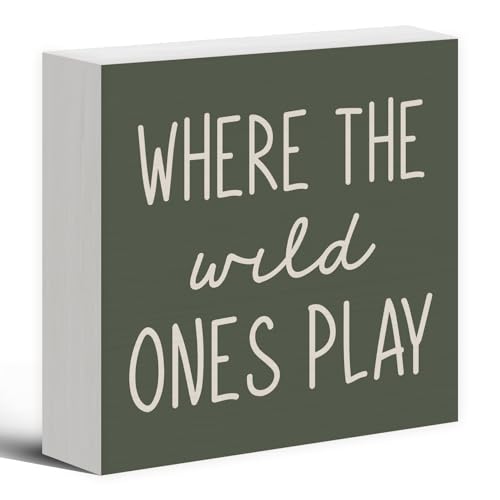 Image of Luipk Where The Wild Ones Play Green Wood Box Sign Desk Decor 5X5, Nursery Kids Room Wooden Block Sign Decorations for Playroom Toddler Boys Girls Room Wall Tabletop Shelf Decor