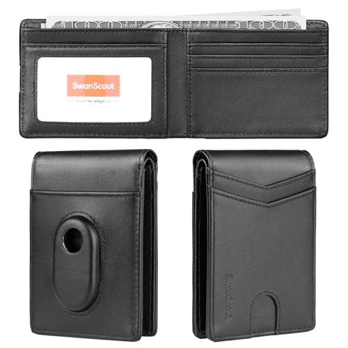 Carteira para Samsung Galaxy SmartTag2, carteira dupla de couro legítimo com bloqueio de RFID com caixa de presente (não inclui rastreador), Preto, Versão de bolso para dinheiro