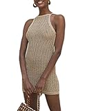 Bsubseach Women Knitted Hollow Out Swimsuit Cover Up Swimwear Sleeveless Spaghetti Strap Beach Short Dress Apricot