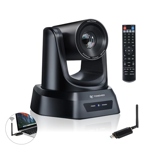 TONGVEO Wireless AI PTZ 20X Zoom Camera with Auto-Tracking: Built-in 5.8GHz Receiver for Cable-Free Setup, 1080P 60fps Conference Camera for Church Services, Online Classes & Hybrid Meetings