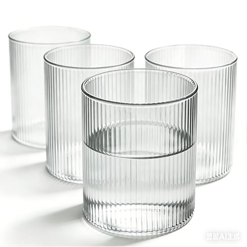 Geriffelte Gläser 4er Set 300ml Trinkgläser, Wassergläser Cocktailgläser Trinkgläser, Ripple Glas Matcha Gläser aus klarem Glas Gläser Set spülmaschinenfest EiskaffeeTrinkglas für Iced Matcha Latte