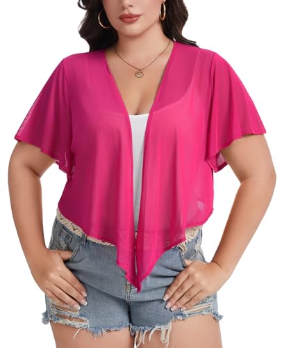 Image of Women Crop Cardigan Sheer Mesh Bolero Shrugs for Dresses Plus Size Tie Front Cardigans Ruffled Short Sleeve Tops