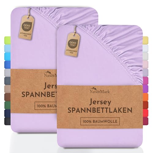 NatureMark 2 x Jersey Spannbettlaken Baumwolle Ökotex Standard 100 100% Baumwolle 2er Pack 90x190 cm - 100x200 cm - Flieder/Lavendel