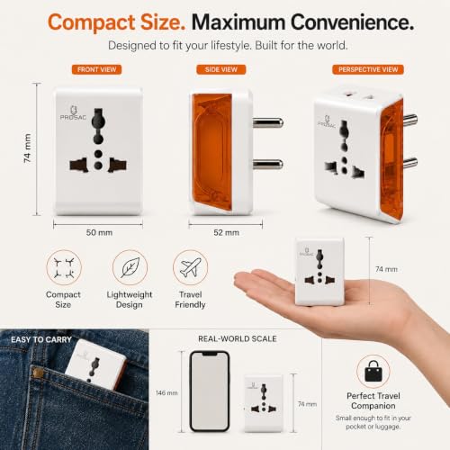 Image of PROSAC 6A Universal Multi Plug Adapter | 3-Pin Socket | Supports 2-Pin & 3-Pin Plugs | Travel Adapter for Mobile Chargers, Laptops & Electronics | Pack of 5