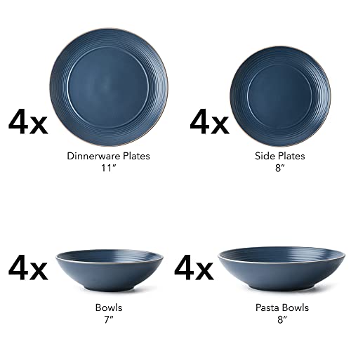 Arora Ringar Round Stoneware 16Pc Double Bowl Dinnerware Set For 4, Dinner Plates, Side Plates, Cereal Bowls, Pasta Bowls - Speckle Matte Blue (420796) #TOP1