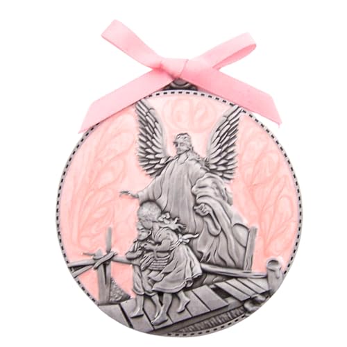 Pink Guardian Angel Crib Medal, Religious Token, 2.25 Inches
