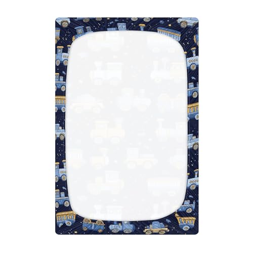 Image of Trains Cute Blue Crib Sheets Soft Breathable Fitted Baby Crib Sheets Mattress Cover for Girls Boys, 52 inch x 28 inch x 9 inch