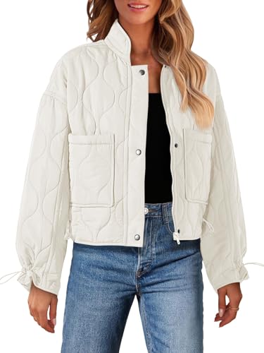 MEROKEETY Women's Cropped Zip-Up Bomber Jackets Warm Quilted Long Sleeve Stand Neck Winter Coats