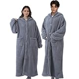 Lemon Bear 着る毛布 メンズ 大きいサイズ 男女兼用 レディース 冬『超断熱エアロゲル プラス6.5℃圧倒的な保温性』暖かい フード付き 着る 毛布 ボタン付き ビッグポケット付き リブ袖付き毛布 フランネル あたたかい 厚手 ロング モコモコ 【肌亁燥&静電気防止 CICA配合】 ふわふわ 春秋冬用 洗える （Lサイズ・グレー）