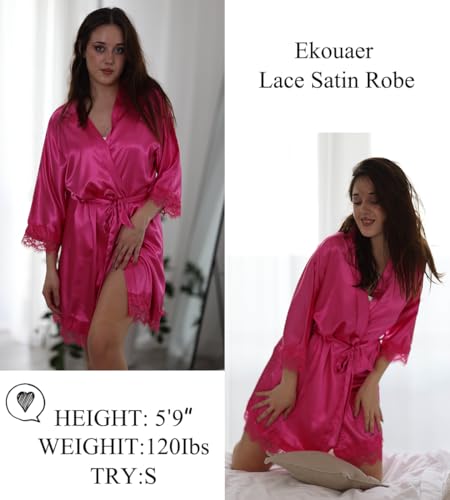 Image of Ekouaer Womens Silk Robes Short Lace Trim Satin Bride Bathrobe with Pockets