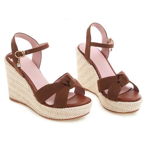 Sandales plateforme espadrille suédine compensées femme avec bride cheville nœud papillon bout rond