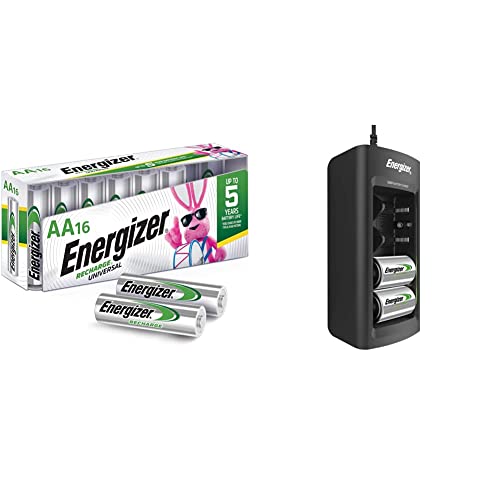 Energizer Rechargeable AA Batteries, NiMH, 2000 mAh, Pre-Charged, 16 Count (Recharge Universal) & Battery Charger by Energizer, for C D AA AAA 9V Ni-MH Rechargeable Batteries