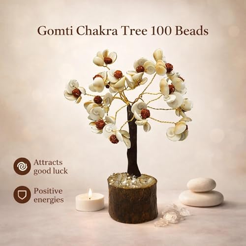 Image of REMEDYWALA Charged Energized Gomti Chakra and Rudraksha Floral Design Stone Tree for Reiki Healing, Gomati Stone Tree Showpiece for Good Luck Home Decor, Gomati Chakra Tree 108 Beads