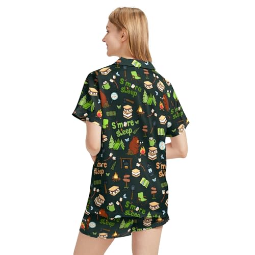 Image of Silk Satin Pajama Set for Women Summer Lounge Pjs Sets 2 Piece Suit Ladies Button Down Tops And Shorts Sleepwear