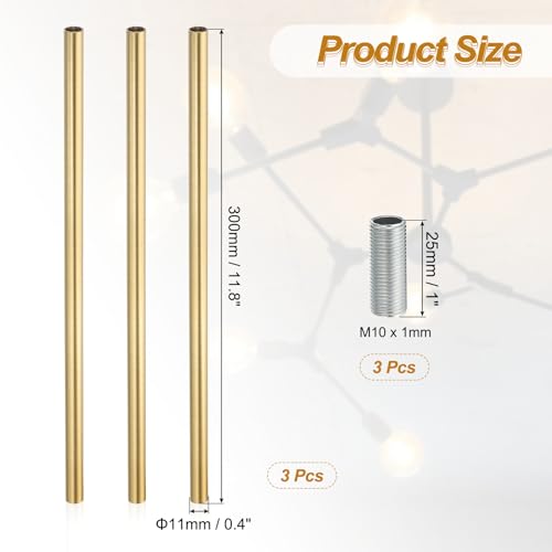 Image of PATIKIL Threaded Extension Rod, 3 Sets 11.8 inch M10 x 1mm Fine Thread Lamp Pipe with Lamp Pipe Nipples for Pendant Light Island Lighting Chandeliers Stems, Brass Tone