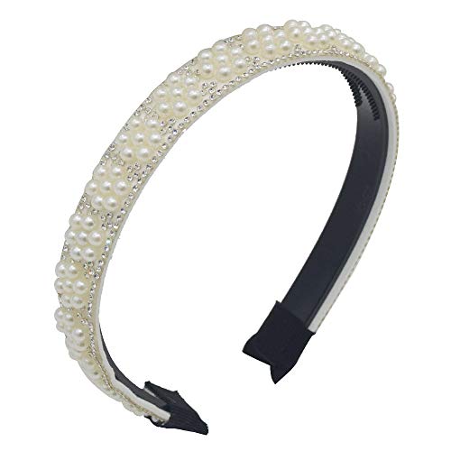 MHDGG Pearl Headband for Women Girls,White Faux Pearl Crystal Rhinestone Hairbands Bridal Hair Hoop Elegant Bling Hairpins Headwear Barrette Styling Tools Accessories,White