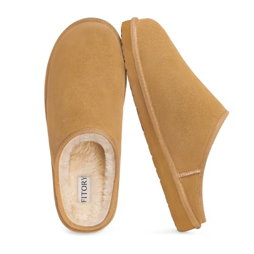 FITORY Mens Suede Scuff Slippers Comfy Fuzzy Lining Leather Slip-On House Shoes with Memory Foam Insole for Winter Indoor/Outdoor Chestnut Size 8.5