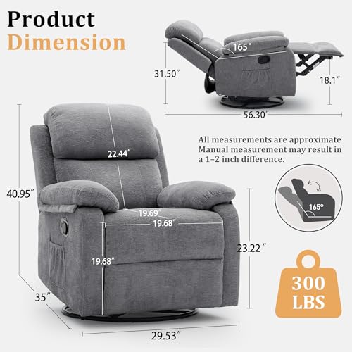 Image of Korser Recliner Chair, 360 Swivel Rocker Chair for Adults, Small Rocking Recliner Chair for Small Spaces, Upholstered Chenille Fabric Glider Recliner Nursery Chair with Side Pockets for Living Room