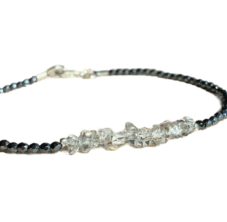 Bracelet hématite et diamant de herkimer perles facettées 2-6mm et fermoir argent LCBR-3480