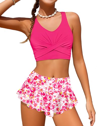 Image of Qaoerde Girls Swimsuit Tropical Print Bikini Set with Ruffle Hem Two Piece Criss Cross Bathing Suits for Girls 7-16 Years