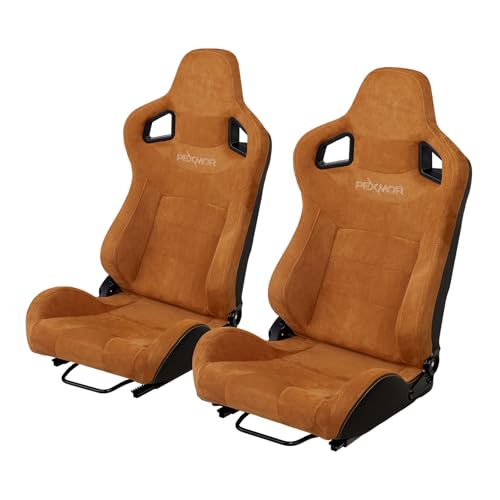 PEXMOR 2 Pcs Reclinable Universal Racing Bucket Seats w/Dual Slider PU & Carbon Leather Adjustable Race Seats for Cars Driver and Passenger Side 21.5 W X 21.5 D X 38H (Brown)