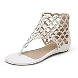 DREAM PAIRS Women's Jewel_08 White Rhinestones Design Ankle High Flat Sandals Size 9 M US