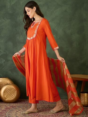 Image of Naixa Women's Chanderi Embroidered Flared Kurta with Pant and Dupatta Sets (NX-762)