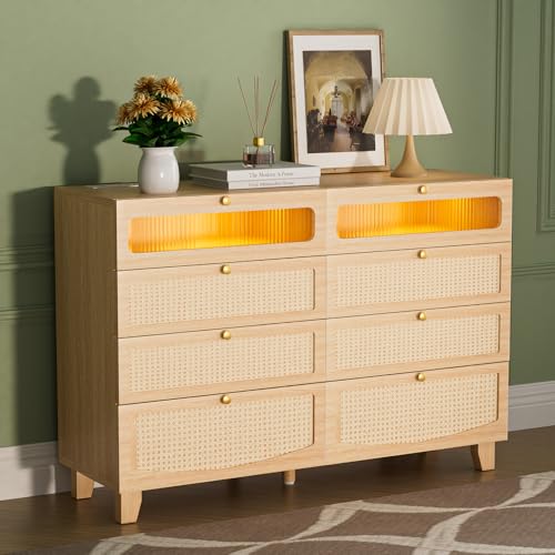 Image of Yeyawomy Rattan Dresser for Bedroom with 8 Drawers, Wood Dresser with Charging Station & LED Lights, Boho Dressers & Chests of Drawers for Bedroom