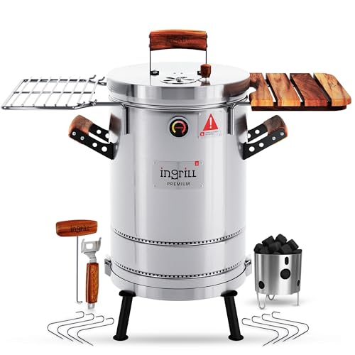 3-in-1 Stainless Steel Smoker Barrel Grill Premium – Portable Charcoal BBQ with Thermometer, 12 lbs Outdoor Cooking Smoker for Camping, Backyard & Home BBQ INGRILL